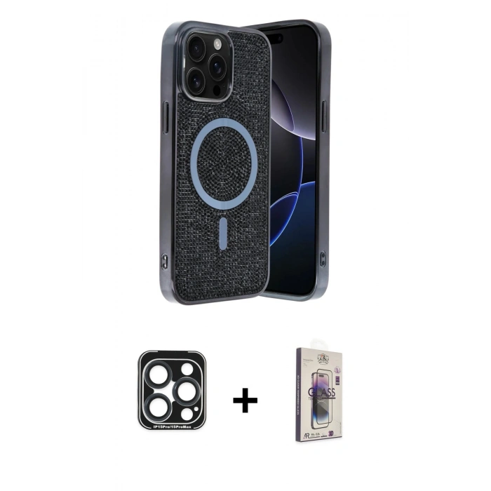 MARSİLYAN™- iPhone 15 Pro Max Kılıf Eksen Çizgi - Siyah Bilvis 3D Cam Ekran Koruyucu + PVD Metal Kamera Lens - LT