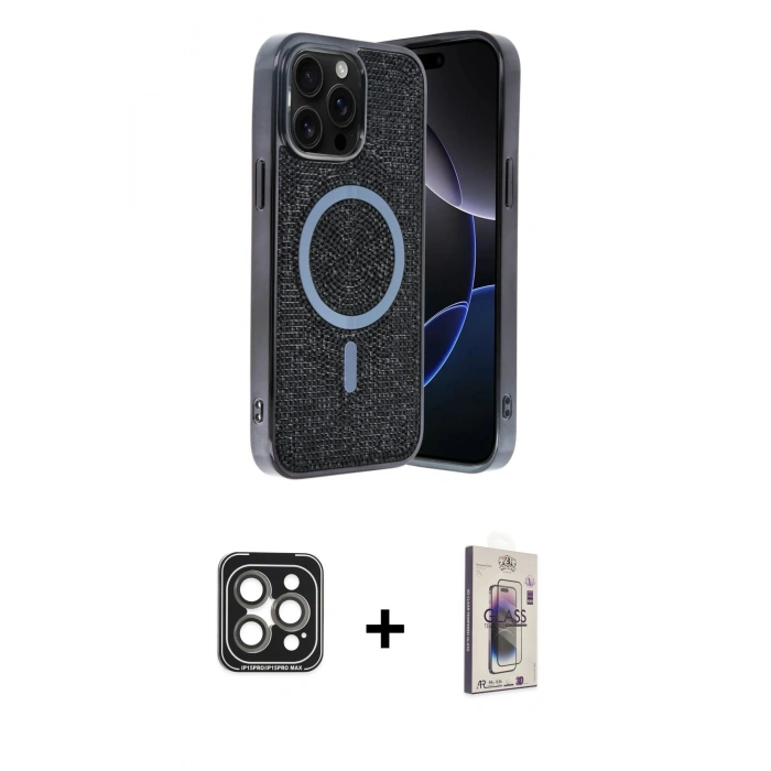 MARSİLYAN™- iPhone 15 Pro Max Kılıf Eksen Çizgi - Siyah Bilvis 3D Cam Ekran Koruyucu + PVD Metal Kamera Lens - GI