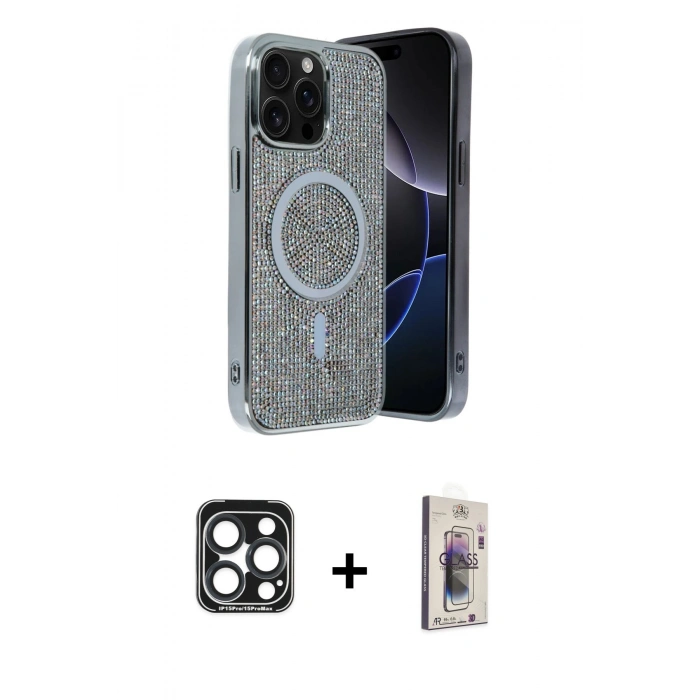 MARSİLYAN™- iPhone 15 Pro Max Kılıf Eksen Çizgi - Siyah Bilvis 3D Cam Ekran Koruyucu + PVD Metal Kamera Lens - LT