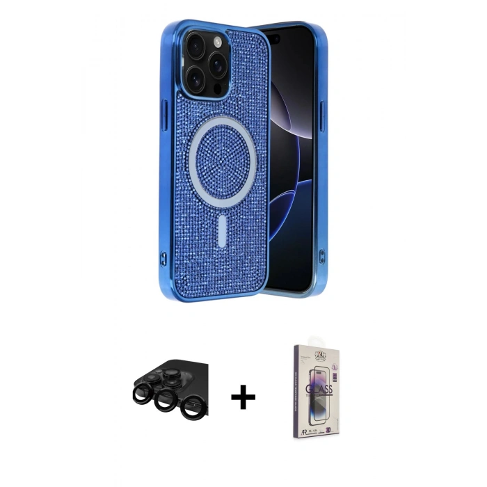 MARSİLYAN™- iPhone 15 Pro Max Kılıf Eksen Çizgi - Siyah Bilvis 3D Cam Ekran Koruyucu + Raze Metal Kamera Lens - SH