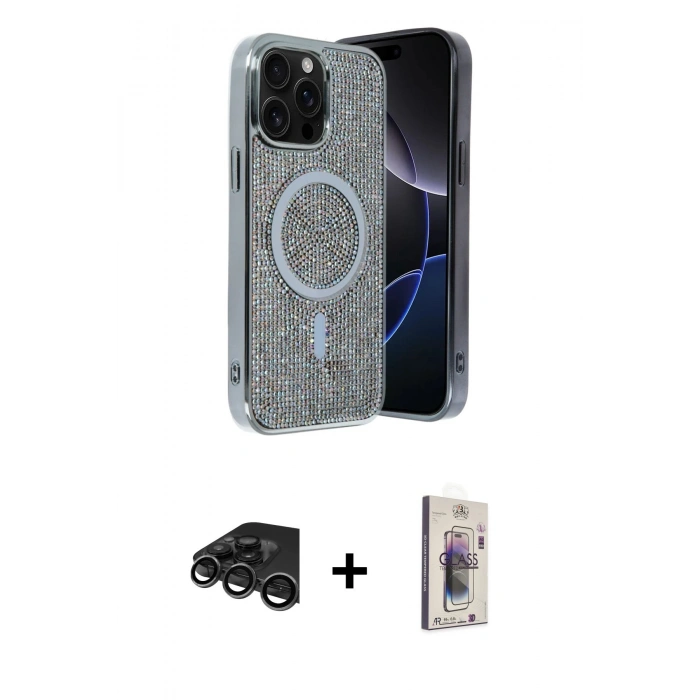 MARSİLYAN™- iPhone 15 Pro Max Kılıf Eksen Çizgi - Siyah Bilvis 3D Cam Ekran Koruyucu + Raze Metal Kamera Lens - TMGI