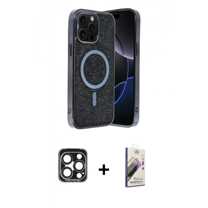 MARSİLYAN™- iPhone 15 Pro Max Kılıf Eksen Çizgi - Siyah Bilvis 3D Mat Cam Ekran Koruyucu + PVD Metal Kamera Lens - LT