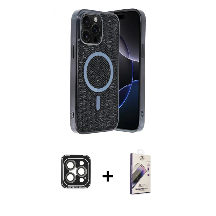 MARSİLYAN™- iPhone 15 Pro Max Kılıf Eksen Çizgi - Siyah Bilvis 3D Mat Cam Ekran Koruyucu + PVD Metal Kamera Lens - GI