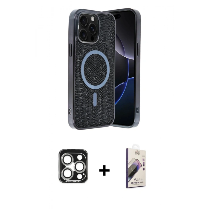 MARSİLYAN™- iPhone 15 Pro Max Kılıf Eksen Çizgi - Siyah Bilvis 3D Mat Cam Ekran Koruyucu + PVD Metal Kamera Lens - GS