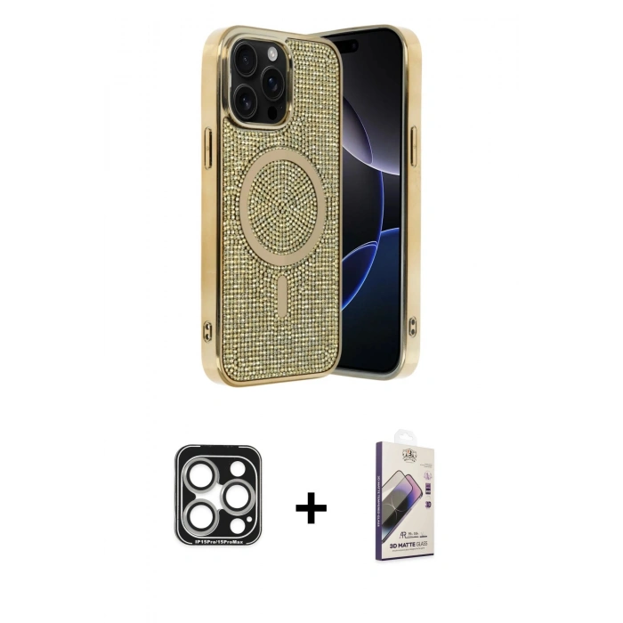 MARSİLYAN™- iPhone 15 Pro Max Kılıf Eksen Çizgi - Siyah Bilvis 3D Mat Cam Ekran Koruyucu + PVD Metal Kamera Lens - GS