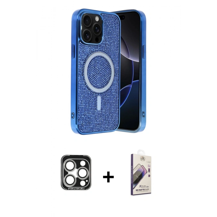 MARSİLYAN™- iPhone 15 Pro Max Kılıf Eksen Çizgi - Siyah Bilvis 3D Mat Cam Ekran Koruyucu + PVD Metal Kamera Lens - GS