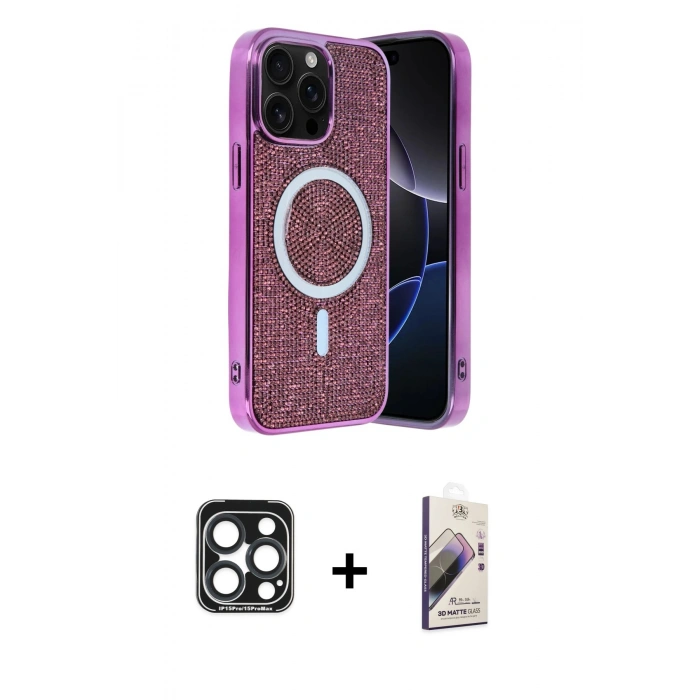 MARSİLYAN™- iPhone 15 Pro Max Kılıf Eksen Çizgi - Siyah Bilvis 3D Mat Cam Ekran Koruyucu + PVD Metal Kamera Lens - LT