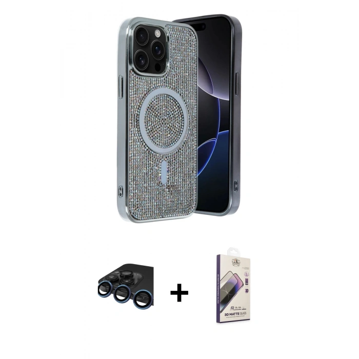 MARSİLYAN™- iPhone 15 Pro Max Kılıf Eksen Çizgi - Siyah Bilvis 3D Mat Cam Ekran Koruyucu + Raze Metal Kamera Lens - LT