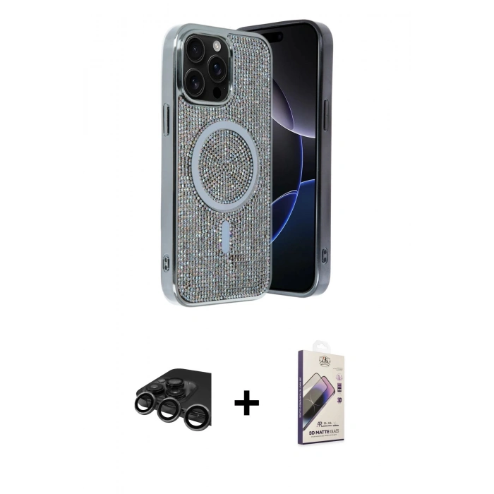 MARSİLYAN™- iPhone 15 Pro Max Kılıf Eksen Çizgi - Siyah Bilvis 3D Mat Cam Ekran Koruyucu + Raze Metal Kamera Lens - TMGI