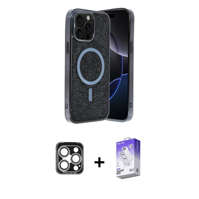 MARSİLYAN™- iPhone 15 Pro Max Kılıf Eksen Çizgi - Siyah Bilvis 5in1 3D Magic Cam Ekran Koruyucu + PVD Metal Kamera Lens - GS