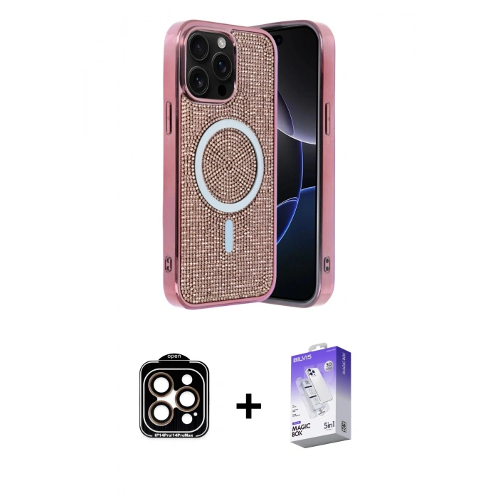 MARSİLYAN™- iPhone 15 Pro Max Kılıf Eksen Çizgi - Siyah Bilvis 5in1 3D Magic Cam Ekran Koruyucu + PVD Metal Kamera Lens - TU