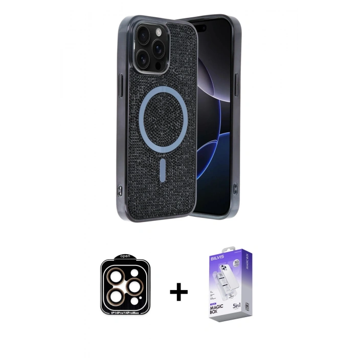 MARSİLYAN™- iPhone 15 Pro Max Kılıf Eksen Çizgi - Siyah Bilvis 5in1 3D Magic Cam Ekran Koruyucu + PVD Metal Kamera Lens - TU