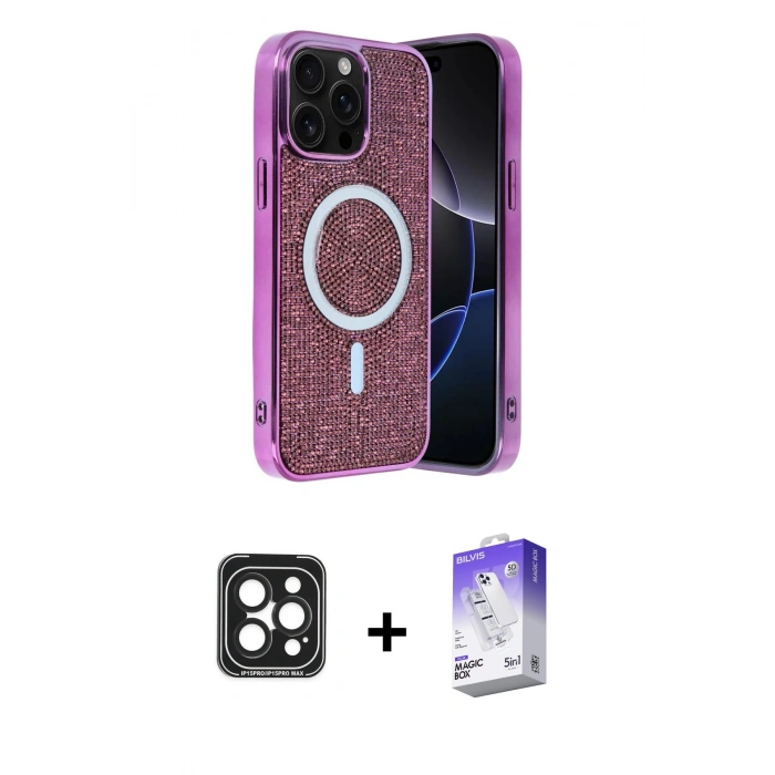 MARSİLYAN™- iPhone 15 Pro Max Kılıf Eksen Çizgi - Siyah Bilvis 5in1 3D Magic Cam Ekran Koruyucu + PVD Metal Kamera Lens - SH