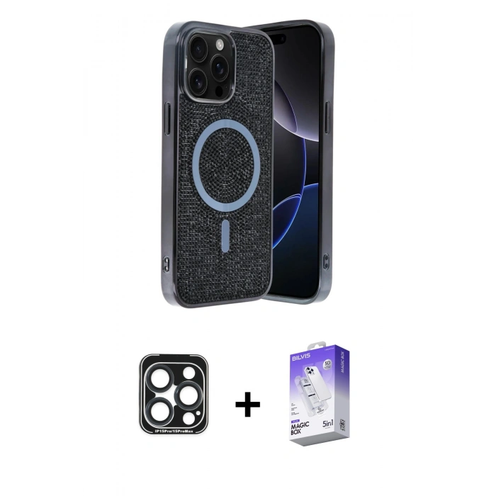 MARSİLYAN™- iPhone 15 Pro Max Kılıf Eksen Çizgi - Siyah Bilvis 5in1 3D Magic Cam Ekran Koruyucu + PVD Metal Kamera Lens - LT