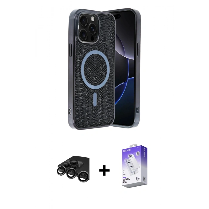 MARSİLYAN™- iPhone 15 Pro Max Kılıf Eksen Çizgi - Siyah Bilvis 5in1 3D Magic Cam Ekran Koruyucu + Raze Metal Kamera Lens - TMGI
