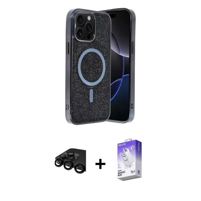 MARSİLYAN™- iPhone 15 Pro Max Kılıf Eksen Çizgi - Siyah Bilvis 5in1 3D Magic Cam Ekran Koruyucu + Raze Metal Kamera Lens - SH