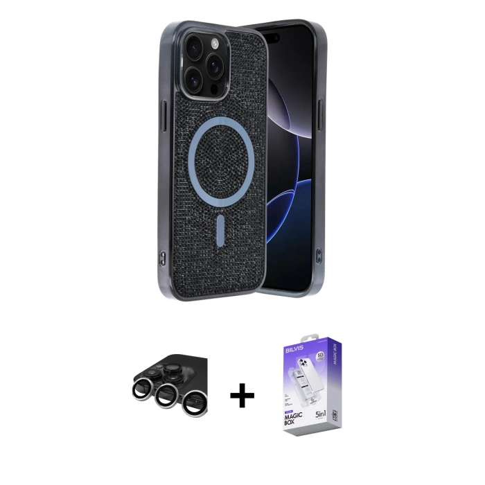 MARSİLYAN™- iPhone 15 Pro Max Kılıf Eksen Çizgi - Siyah Bilvis 5in1 3D Magic Cam Ekran Koruyucu + Raze Metal Kamera Lens - GS