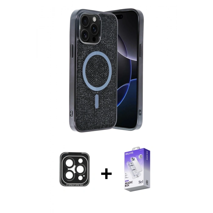 MARSİLYAN™- iPhone 15 Pro Max Kılıf Eksen Çizgi - Siyah Bilvis 5in1 3D Magic Cam Ekran Koruyucu + Siyah PVD Metal Kamera Lens