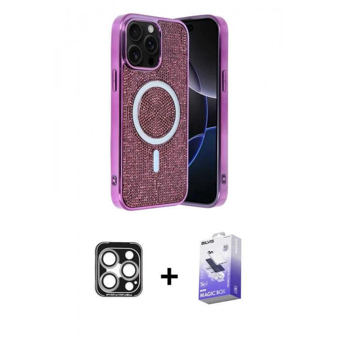 MARSİLYAN™- iPhone 15 Pro Max Kılıf Eksen Çizgi - Siyah Bilvis 5in1 5D Magic Hayalet Cam Ekran Koruyucu + PVD Metal Kamera Lens - GS