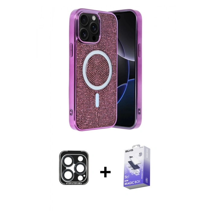MARSİLYAN™- iPhone 15 Pro Max Kılıf Eksen Çizgi - Siyah Bilvis 5in1 5D Magic Hayalet Cam Ekran Koruyucu + PVD Metal Kamera Lens - LT