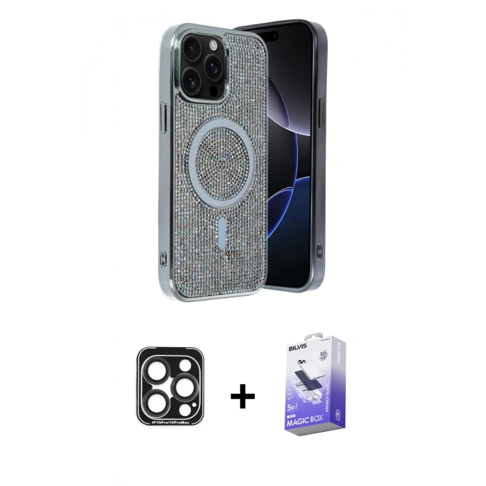 MARSİLYAN™- iPhone 15 Pro Max Kılıf Eksen Çizgi - Siyah Bilvis 5in1 5D Magic Hayalet Cam Ekran Koruyucu + PVD Metal Kamera Lens - LT