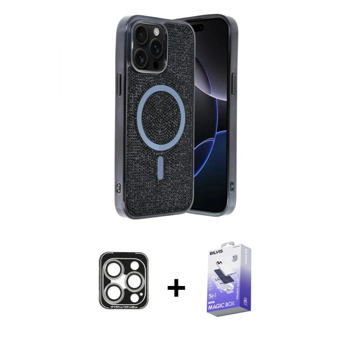 MARSİLYAN™- iPhone 15 Pro Max Kılıf Eksen Çizgi - Siyah Bilvis 5in1 5D Magic Hayalet Cam Ekran Koruyucu + PVD Metal Kamera Lens - GS
