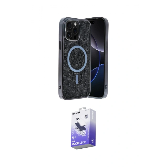 MARSİLYAN™- iPhone 15 Pro Max Kılıf Eksen Çizgi - Siyah Bilvis 5in1 5D Magic Hayalet Cam Ekran Koruyucu