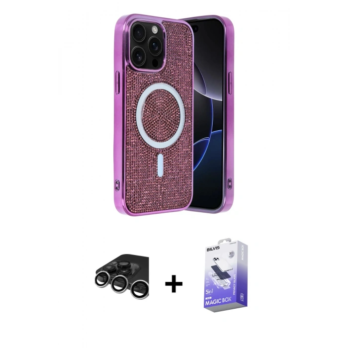 MARSİLYAN™- iPhone 15 Pro Max Kılıf Eksen Çizgi - Siyah Bilvis 5in1 5D Magic Hayalet Cam Ekran Koruyucu + Raze Metal Kamera Lens - GS