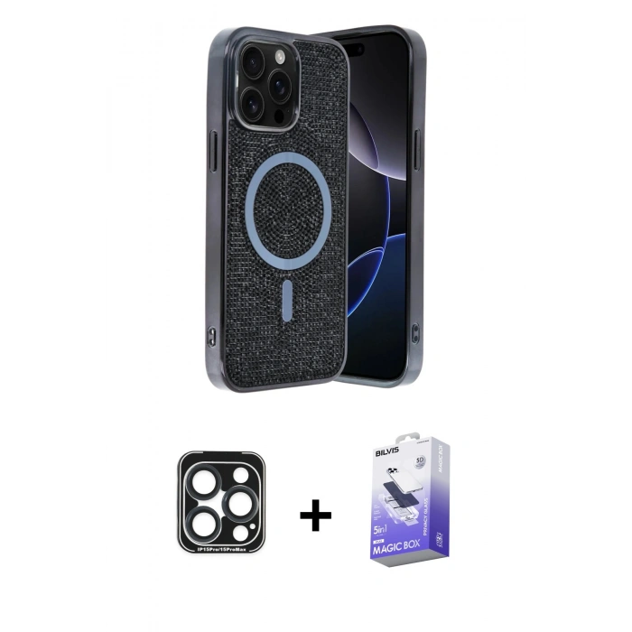 MARSİLYAN™- iPhone 15 Pro Max Kılıf Eksen Çizgi - Siyah Bilvis 5in1 5D Magic Hayalet Cam Ekran Koruyucu + PVD Metal Kamera Lens - LT