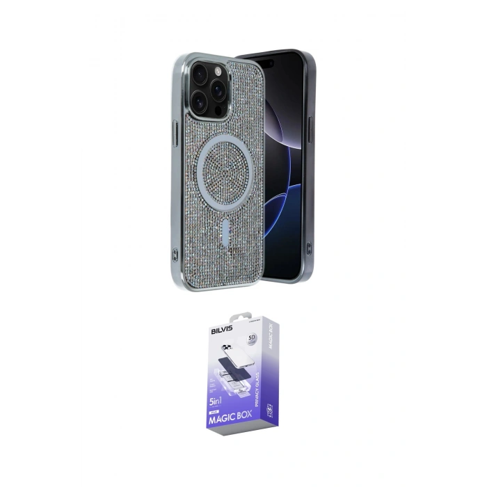 MARSİLYAN™- iPhone 15 Pro Max Kılıf Eksen Çizgi - Siyah Bilvis 5in1 5D Magic Hayalet Cam Ekran Koruyucu