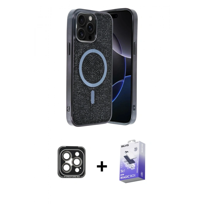 MARSİLYAN™- iPhone 15 Pro Max Kılıf Eksen Çizgi - Siyah Bilvis 5in1 5D Magic Hayalet Cam Ekran Koruyucu + PVD Metal Kamera Lens - GI