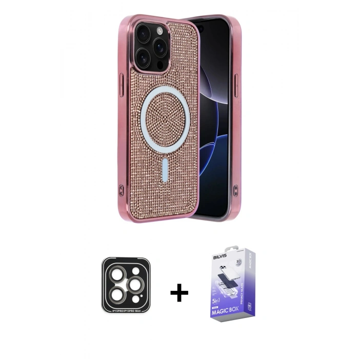 MARSİLYAN™- iPhone 15 Pro Max Kılıf Eksen Çizgi - Siyah Bilvis 5in1 5D Magic Hayalet Cam Ekran Koruyucu + PVD Metal Kamera Lens - GI