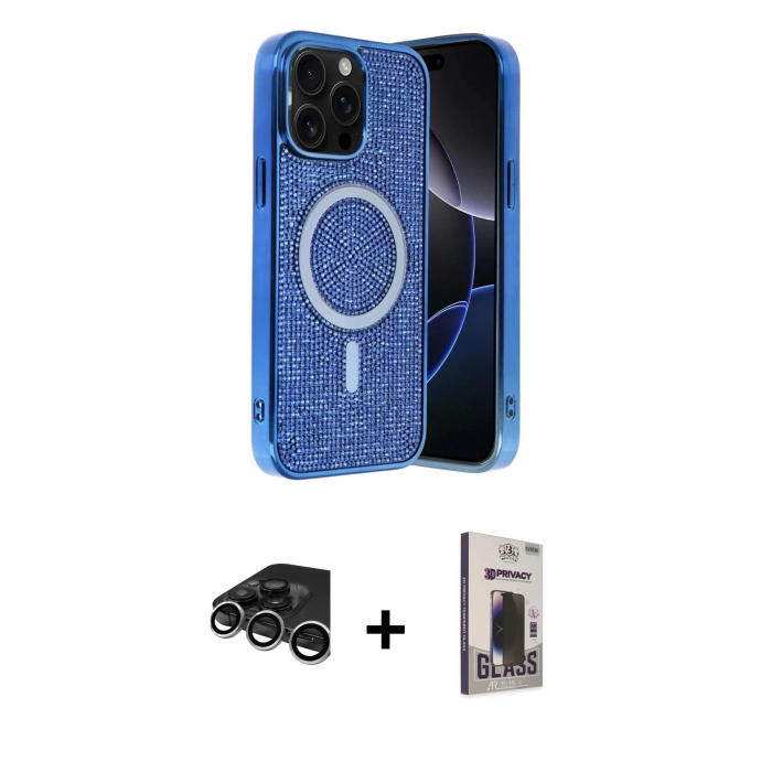 MARSİLYAN™- iPhone 15 Pro Max Kılıf Eksen Çizgi - Siyah Bilvis Hayalet Cam Ekran Koruyucu + Raze Metal Kamera Lens - GS