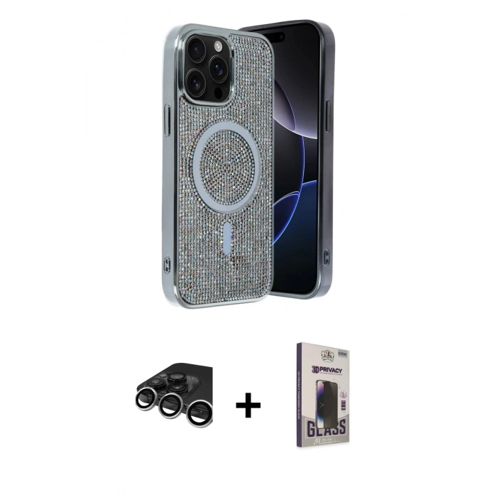 MARSİLYAN™- iPhone 15 Pro Max Kılıf Eksen Çizgi - Siyah Bilvis Hayalet Cam Ekran Koruyucu + Raze Metal Kamera Lens - GS