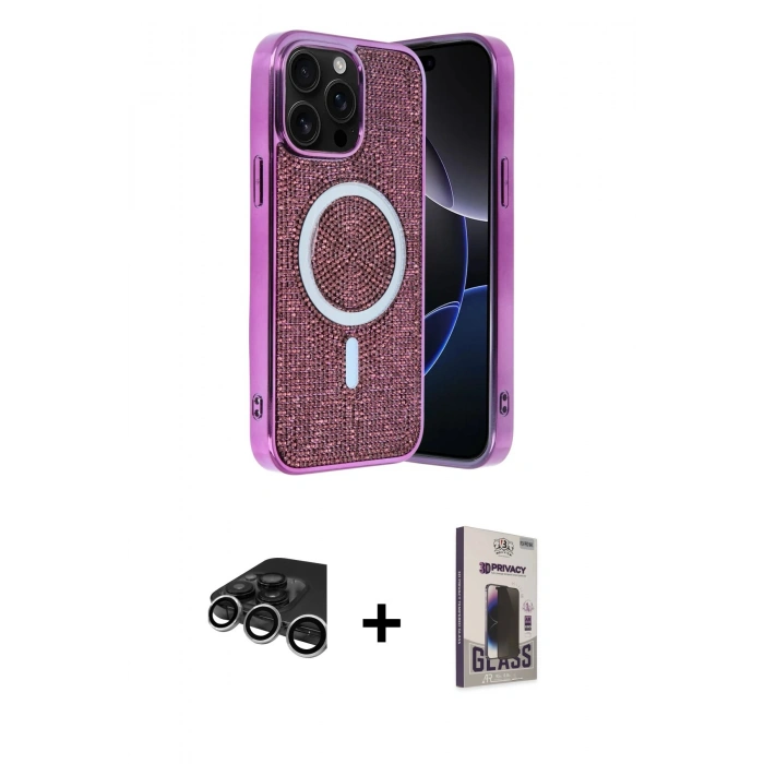 MARSİLYAN™- iPhone 15 Pro Max Kılıf Eksen Çizgi - Siyah Bilvis Hayalet Cam Ekran Koruyucu + Raze Metal Kamera Lens - GS