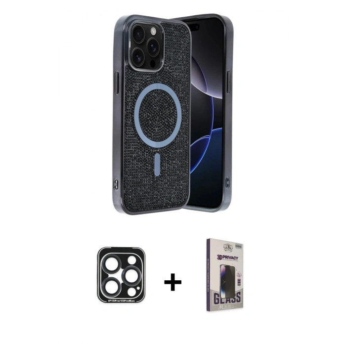 MARSİLYAN™- iPhone 15 Pro Max Kılıf Eksen Çizgi - Siyah Bilvis Hayalet Cam Ekran Koruyucu + PVD Metal Kamera Lens - LT