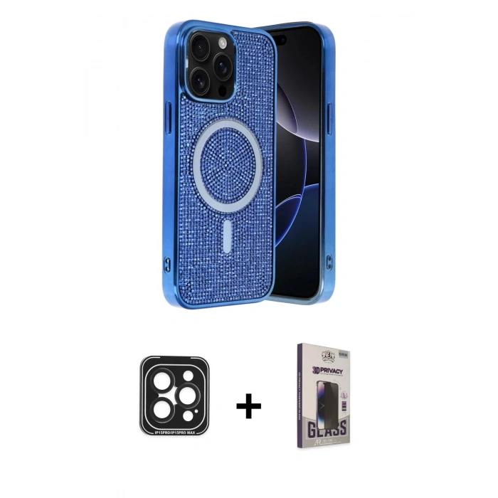 MARSİLYAN™- iPhone 15 Pro Max Kılıf Eksen Çizgi - Siyah Bilvis Hayalet Cam Ekran Koruyucu + PVD Metal Kamera Lens - SH