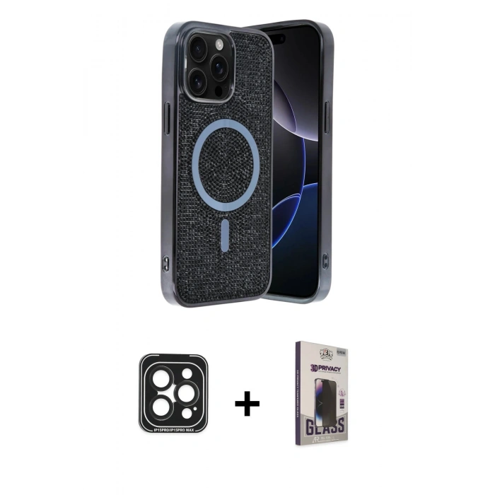 MARSİLYAN™- iPhone 15 Pro Max Kılıf Eksen Çizgi - Siyah Bilvis Hayalet Cam Ekran Koruyucu + PVD Metal Kamera Lens - SH