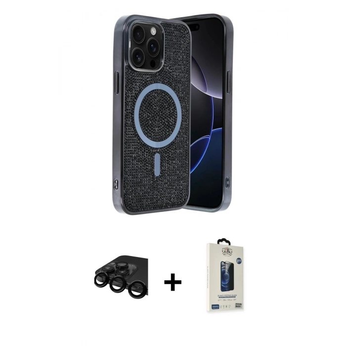 MARSİLYAN™- iPhone 15 Pro Max Kılıf Eksen Çizgi - Siyah Bilvis Hayalet Cam Ekran Koruyucu + Siyah Raze Metal Kamera Lens