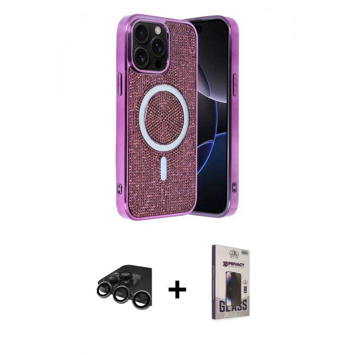 MARSİLYAN™- iPhone 15 Pro Max Kılıf Eksen Çizgi - Siyah Bilvis Hayalet Cam Ekran Koruyucu + Raze Metal Kamera Lens - TMGI