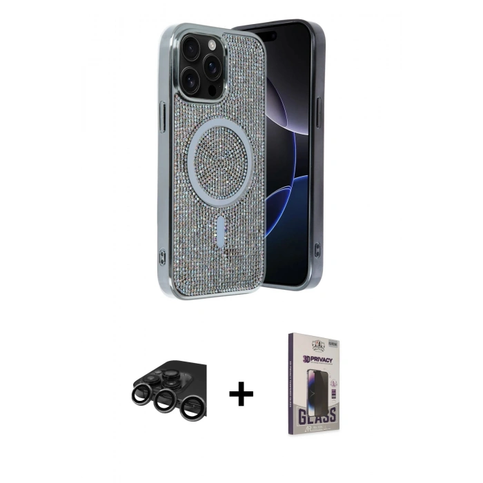 MARSİLYAN™- iPhone 15 Pro Max Kılıf Eksen Çizgi - Siyah Bilvis Hayalet Cam Ekran Koruyucu + Raze Metal Kamera Lens - TMGI