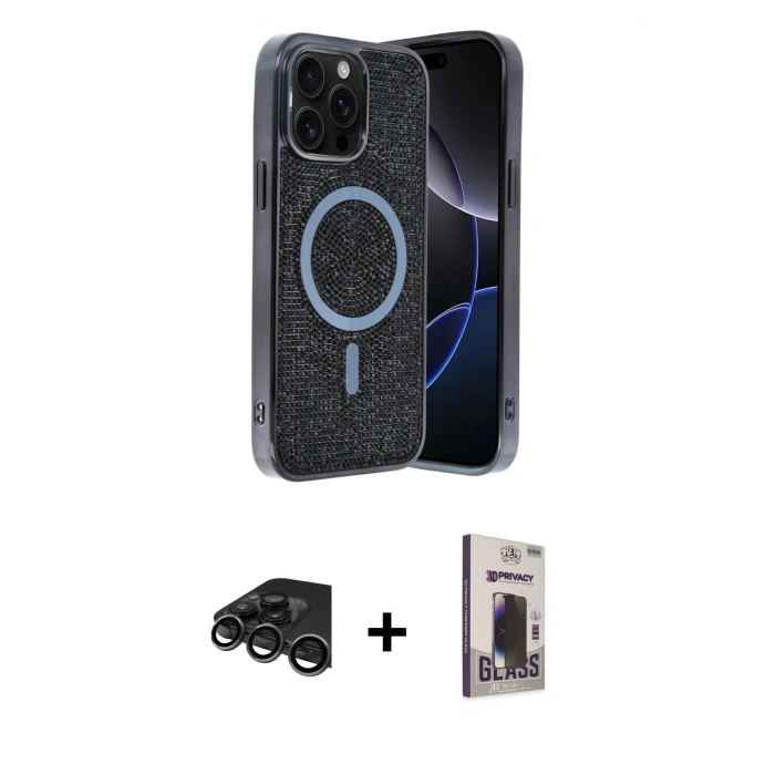 MARSİLYAN™- iPhone 15 Pro Max Kılıf Eksen Çizgi - Siyah Bilvis Hayalet Cam Ekran Koruyucu + Raze Metal Kamera Lens - TMGI