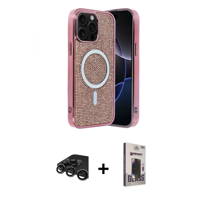MARSİLYAN™- iPhone 15 Pro Max Kılıf Eksen Çizgi - Siyah Bilvis Hayalet Cam Ekran Koruyucu + Raze Metal Kamera Lens - TMGI