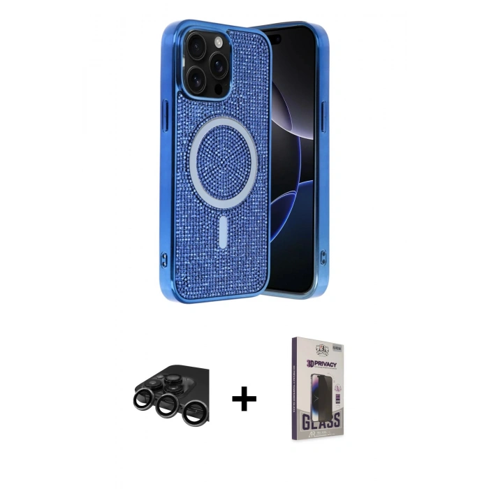 MARSİLYAN™- iPhone 15 Pro Max Kılıf Eksen Çizgi - Siyah Bilvis Hayalet Cam Ekran Koruyucu + Raze Metal Kamera Lens - TMGI