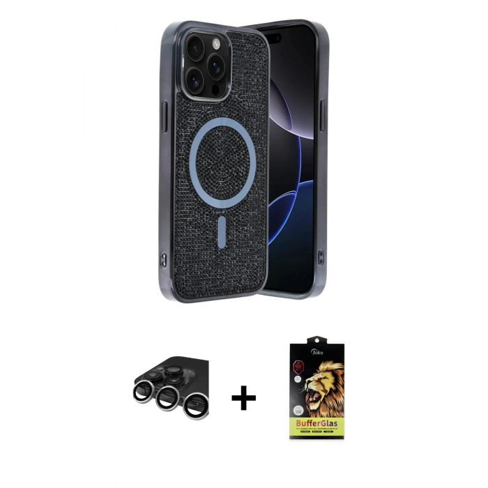 MARSİLYAN™- iPhone 15 Pro Max Kılıf Eksen Çizgi - Siyah Buffer Cam Ekran Koruyucu + Gümüş Raze Metal Kamera Lens
