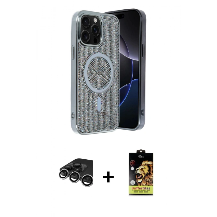MARSİLYAN™- iPhone 15 Pro Max Kılıf Eksen Çizgi - Siyah Buffer Cam Ekran Koruyucu + Gümüş Raze Metal Kamera Lens