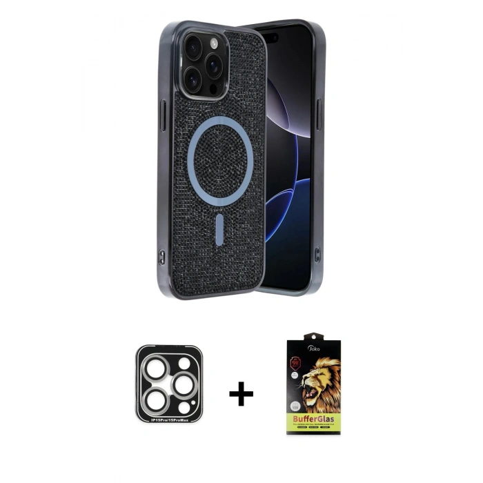 MARSİLYAN™- iPhone 15 Pro Max Kılıf Eksen Çizgi - Siyah Buffer Cam Ekran Koruyucu + PVD Metal Kamera Lens - GS