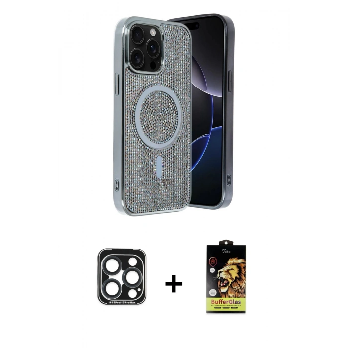 MARSİLYAN™- iPhone 15 Pro Max Kılıf Eksen Çizgi - Siyah Buffer Cam Ekran Koruyucu + PVD Metal Kamera Lens - LT