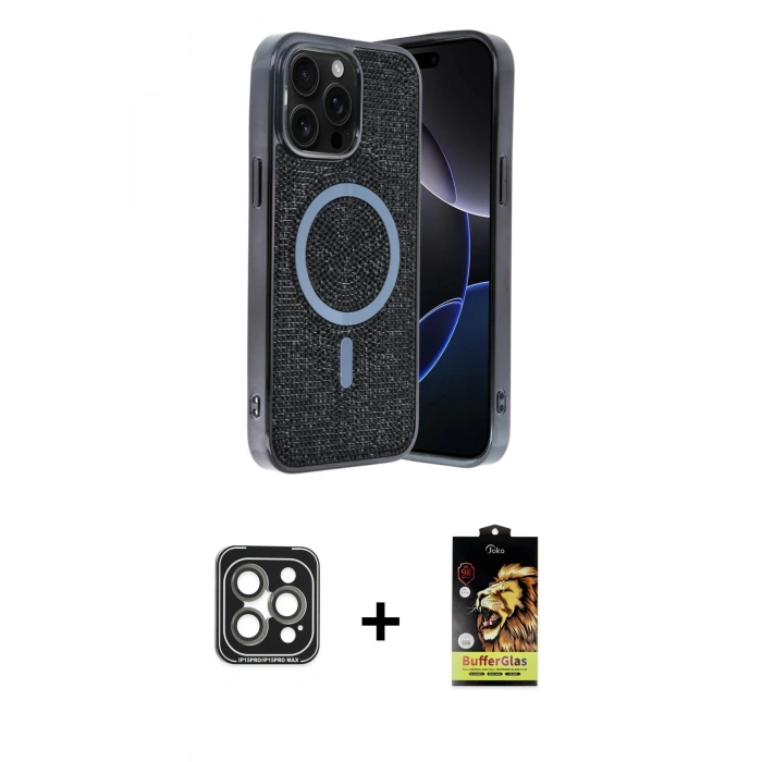 MARSİLYAN™- iPhone 15 Pro Max Kılıf Eksen Çizgi - Siyah Buffer Cam Ekran Koruyucu + PVD Metal Kamera Lens - GI
