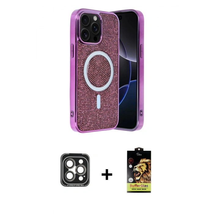 MARSİLYAN™- iPhone 15 Pro Max Kılıf Eksen Çizgi - Siyah Buffer Cam Ekran Koruyucu + PVD Metal Kamera Lens - GI